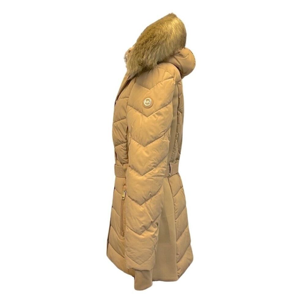 Michael Michael Kors Belted Puffer Faux Fur Trim Hooded Coat Jacket Dark Camel L - Picture 2 of 3